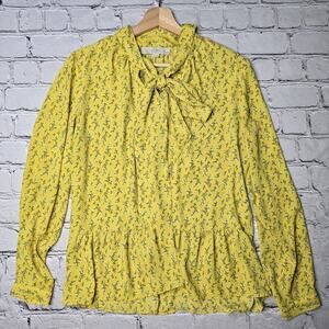 Loft Neck Tie Yellow Small Wildflower Floral Print Lightweight Blouse Size MP